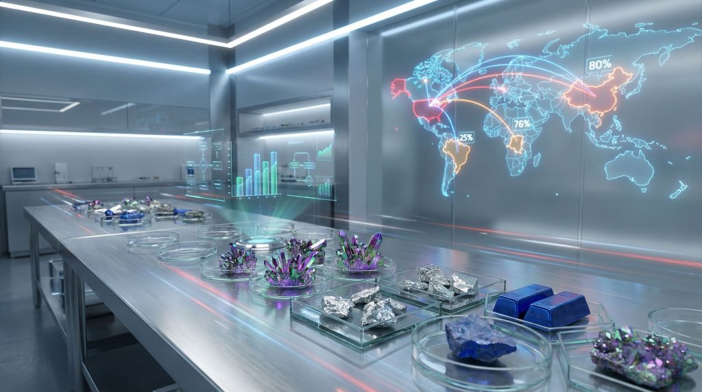 Futuristic lab illustrating critical minerals supply.