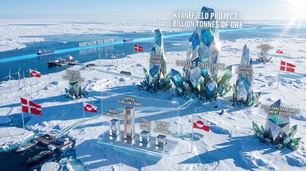 Greenland mineral resources visualized in icy landscape.