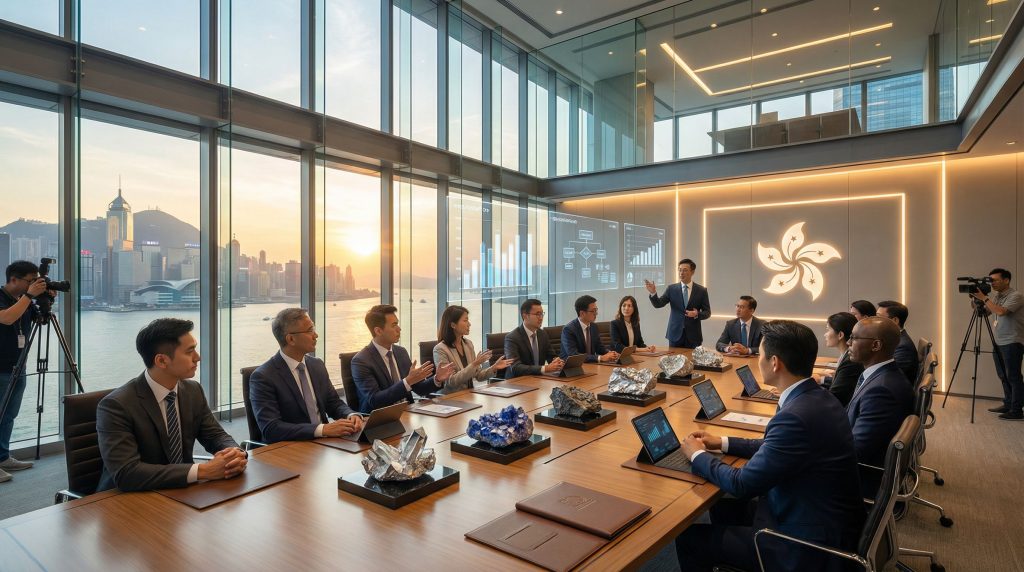 Mines and Money Hong Kong April 2026: business meeting overlooking harbor.