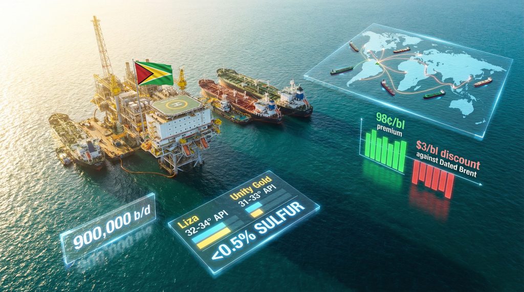Guyanese oil platform illustrating rising crude flows.