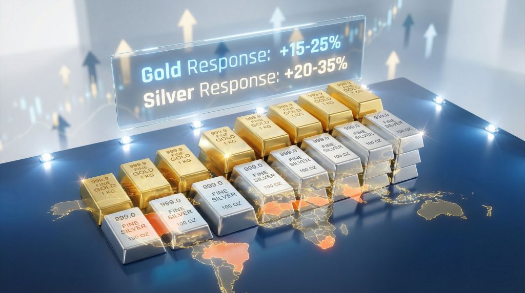 Gold and silver bars over world map.