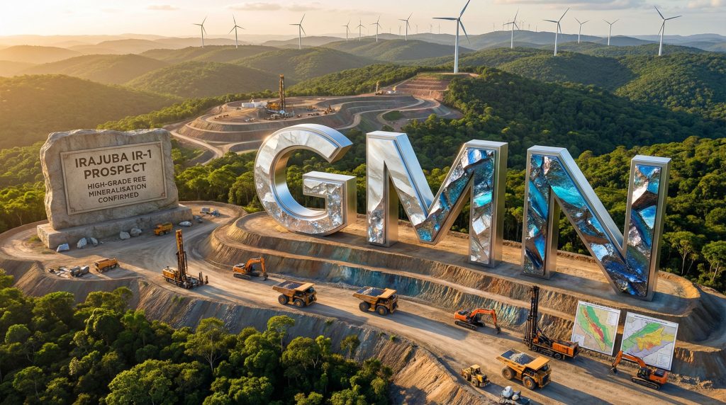 Gold Mountain Ltd-GMN-Mining site with trucks and wind turbines.