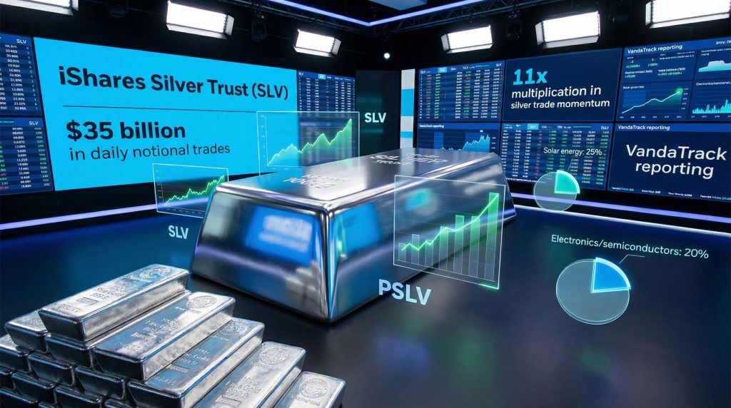Silver ETF trading boom visualization with graphs.