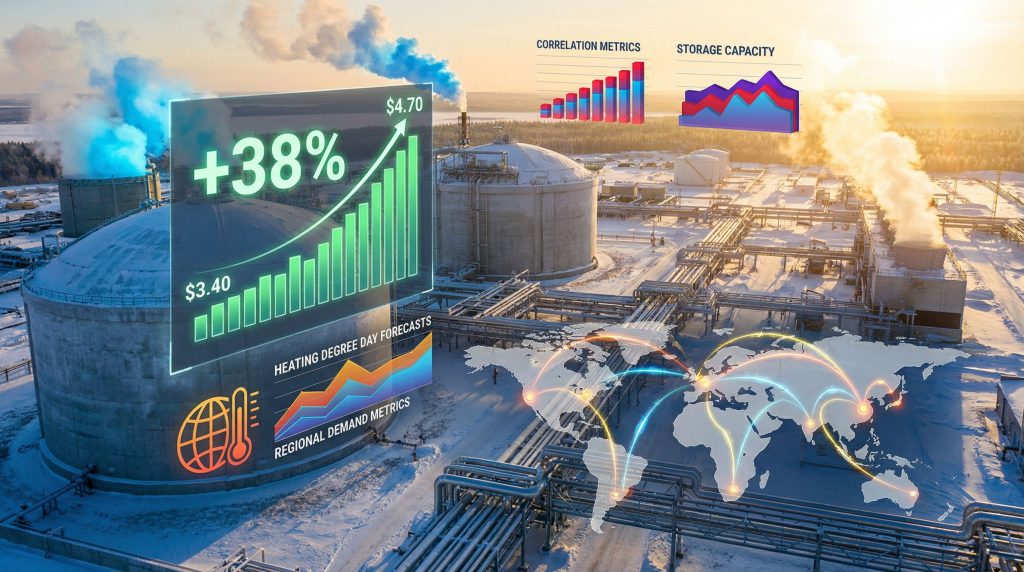 Natural gas facility with rising prices chart.