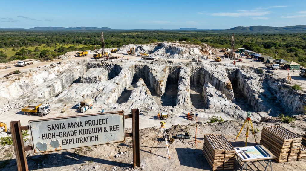 Power Minerals Ltd-PNN-Santa Anna Project excavation site with vehicles.