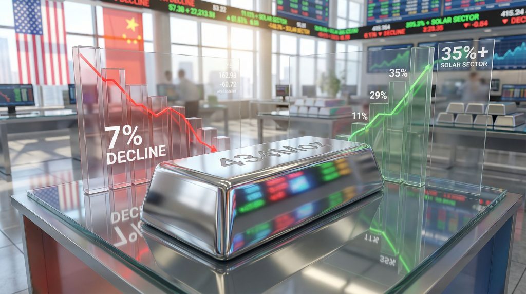 Silver prices drop; market graphs illustrate decline.