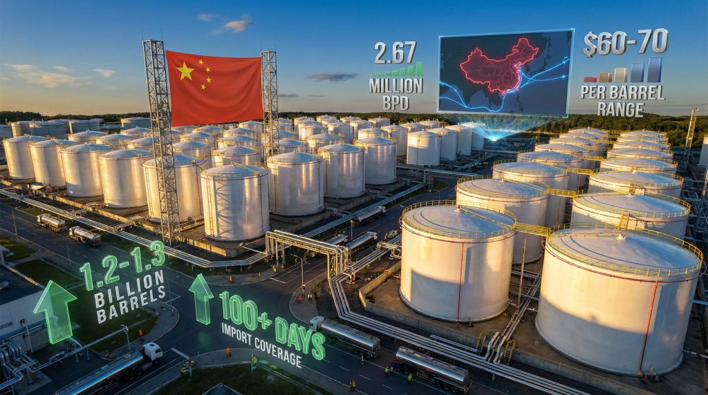 China's crude stockpiling in massive tanks.