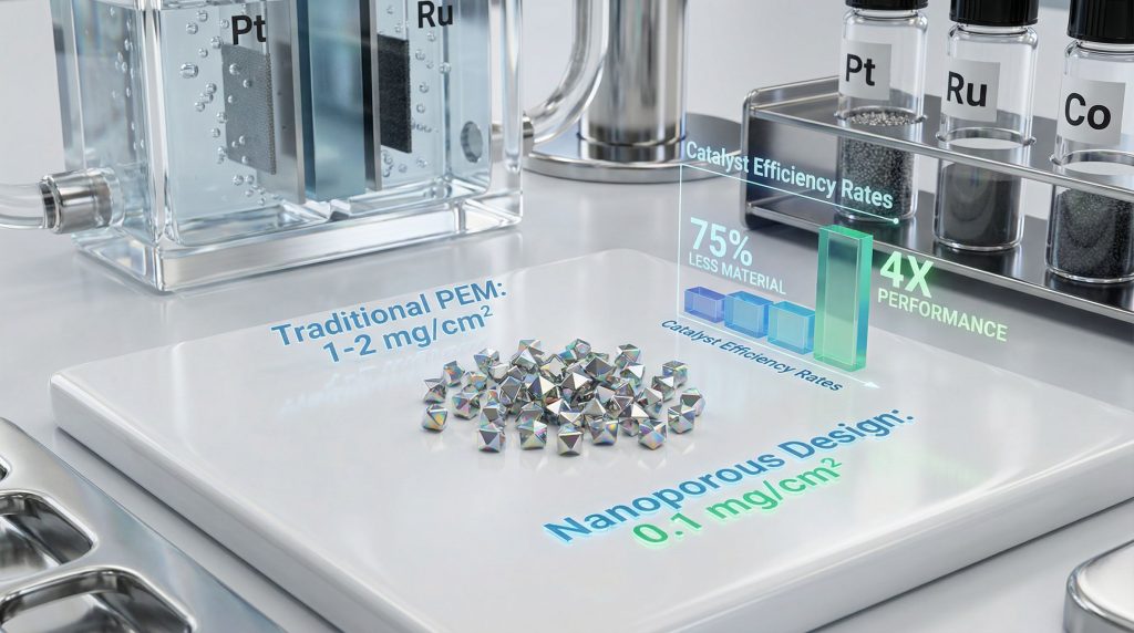 Nanoporous design enhances green hydrogen efficiency.
