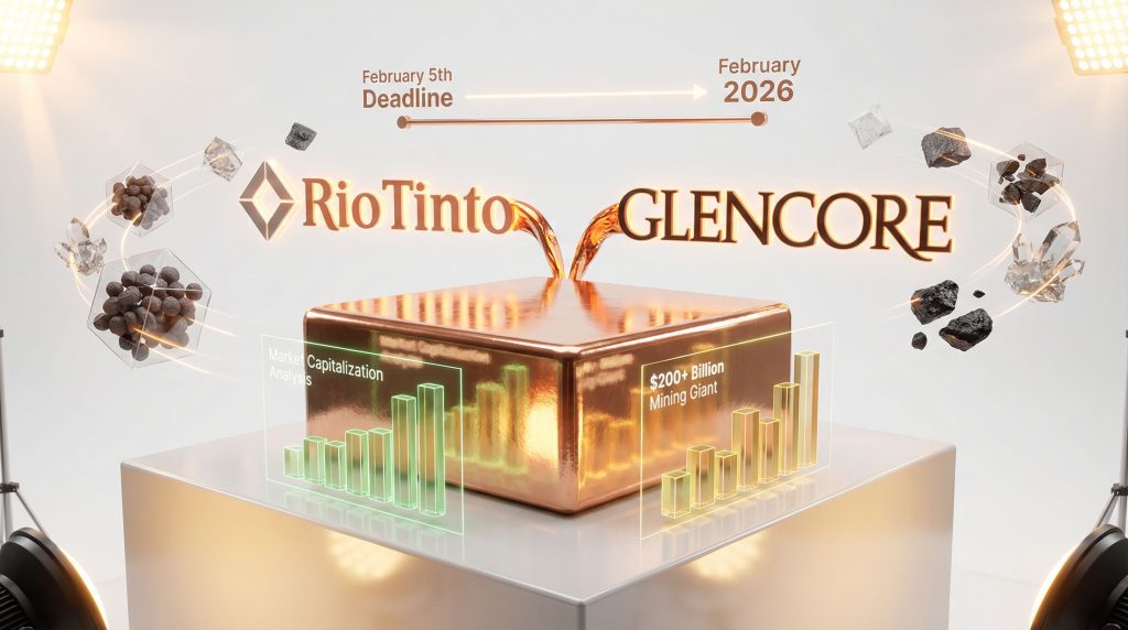 Glencore-Rio Tinto mining merger concept visualization.