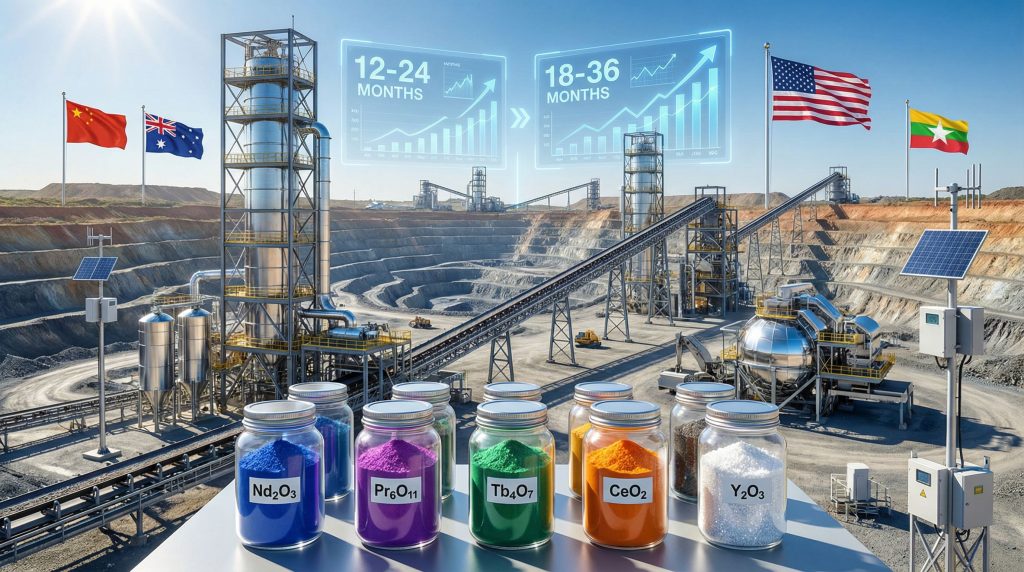 Rare earths mine delays and timeline projections.