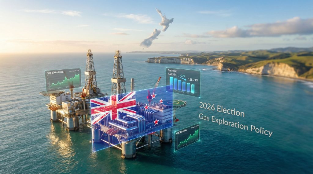 Oil rig with New Zealand election graphics.