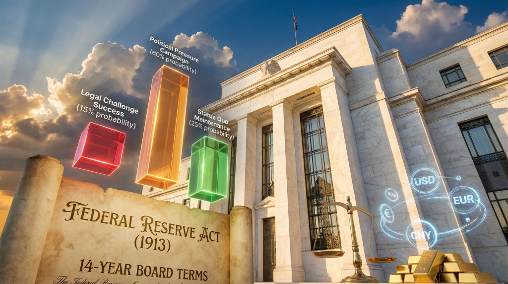 Federal Reserve building with probability charts.