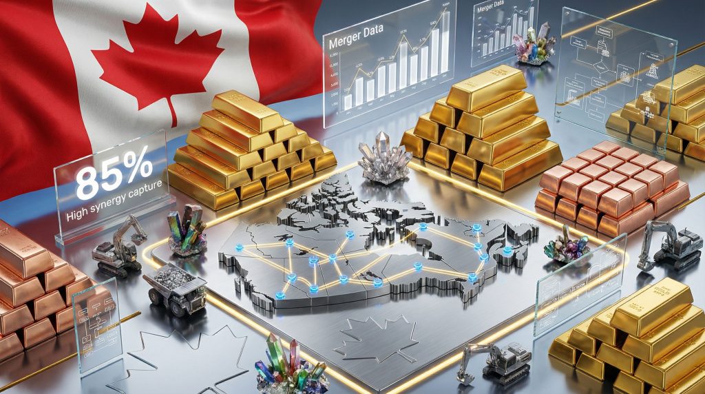 Canadian mining mergers visualized with gold bars.
