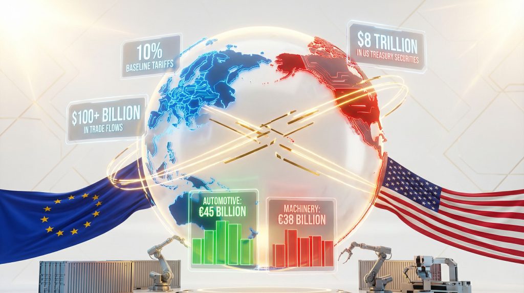 Europe-U.S. trade tensions, tariff implications illustrated.