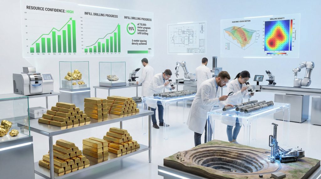 Scientists analyzing gold and drilling data.