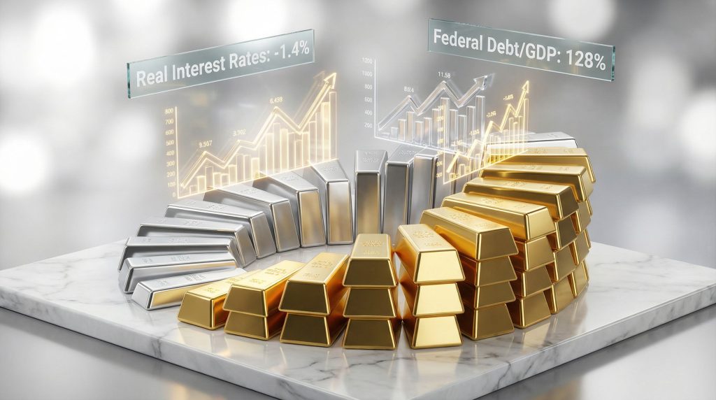 Gold and silver bars, economic trends displayed.