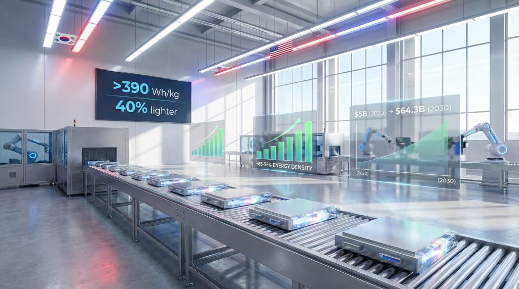 POSCO Future M and Factorial solid-state batteries in futuristic manufacturing facility.