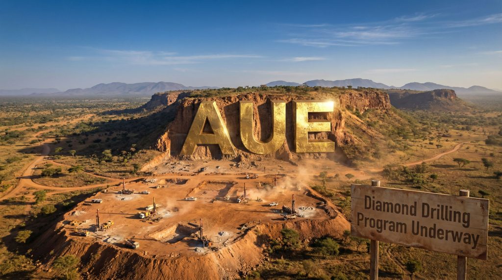 Aurum Resources Ltd-AUE-AUE logo on cliff, drilling site.