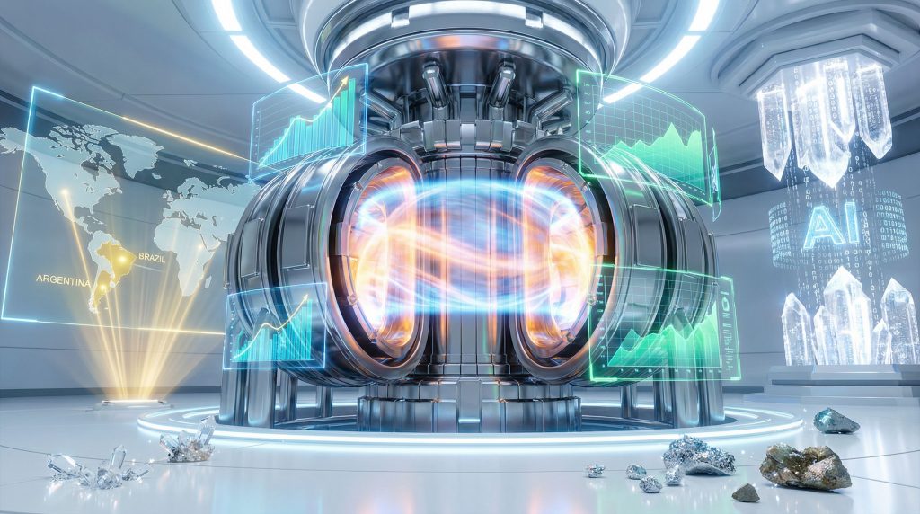 Futuristic fusion reactor with AI integration.