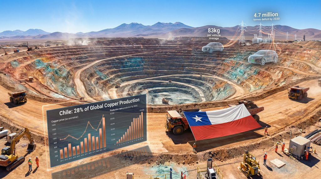 Chilean copper mine with economic data graphs.