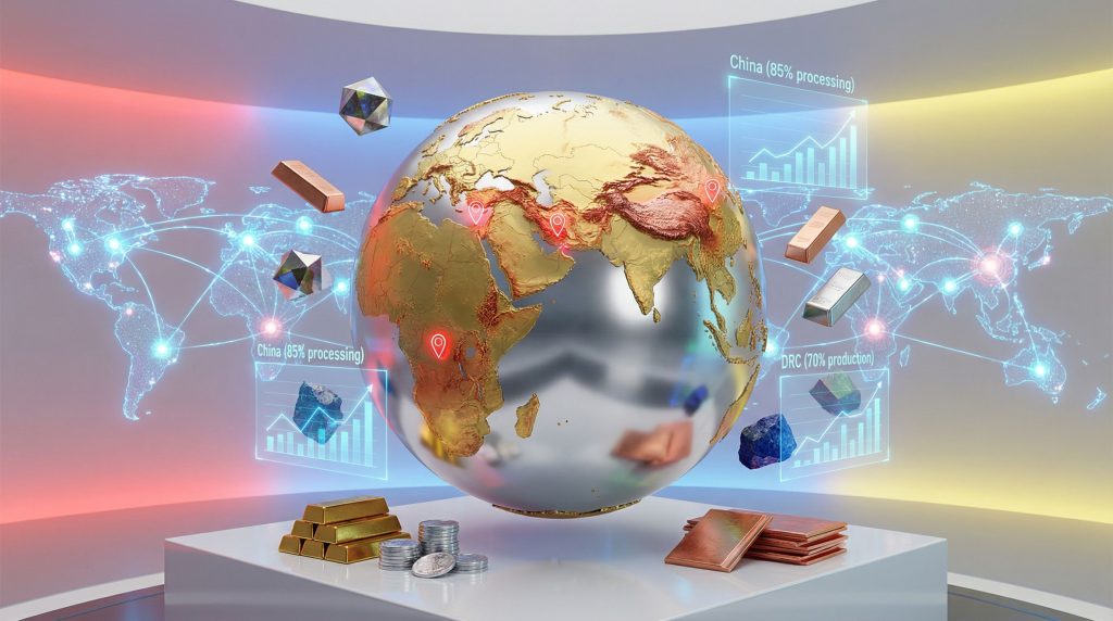 Global map illustrating geopolitics and metals market trends.