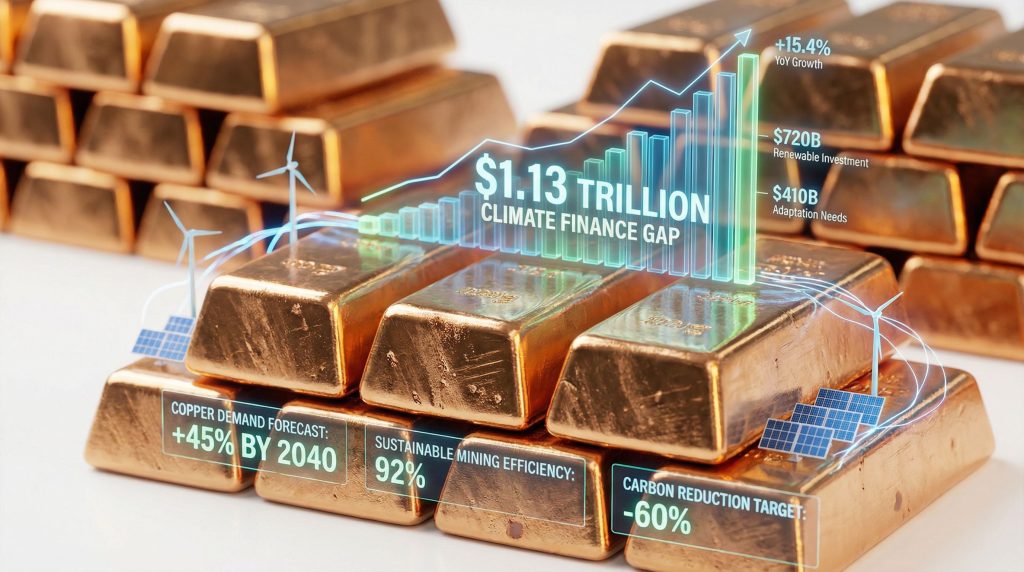 Gold bars symbolize Codelco climate financing initiatives.