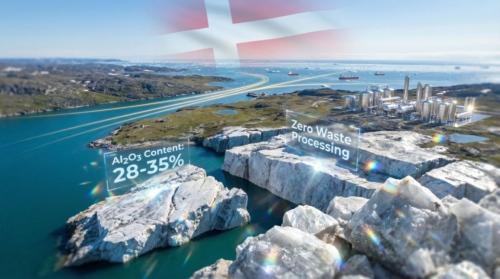 Greenland anorthosite landscape with processing plant.
