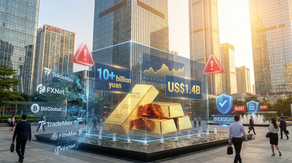 Digital illustration depicting China gold trading scandal.