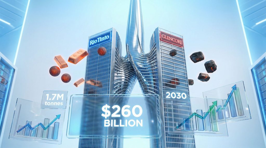 Rio Tinto Glencore merger concept illustration.