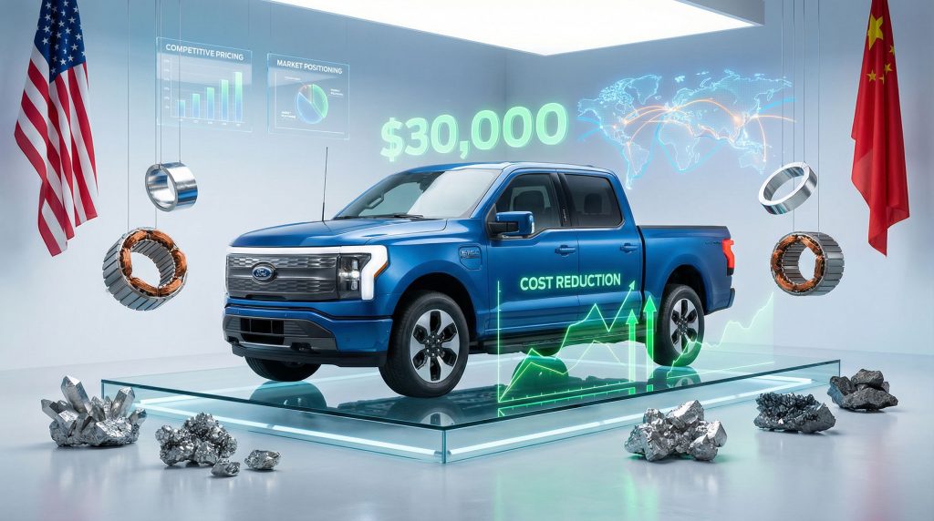 Ford's $30K electric pickup showcased in display.