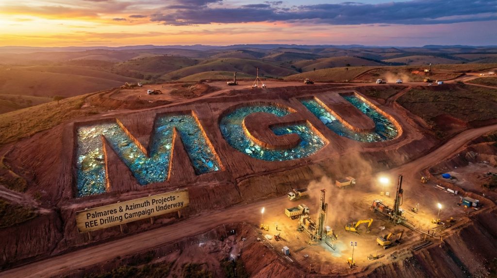 Magnum Mining and Exploration Ltd-MGU-MGU logo carved into hillside landscape.