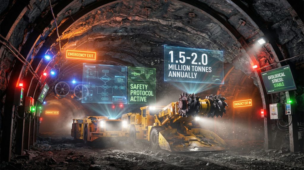 Underground mining tunnel with safety protocols.