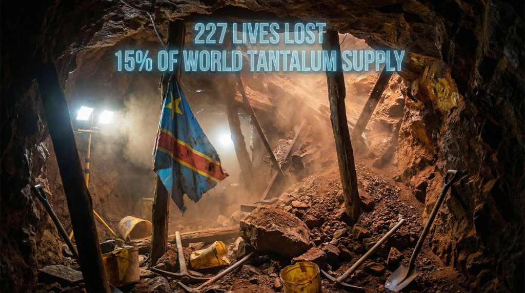 Rubaya coltan mine collapse; debris and flag.