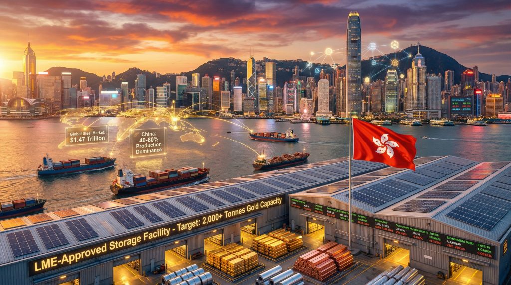Hong Kong commodities market ecosystem illuminated at sunset.