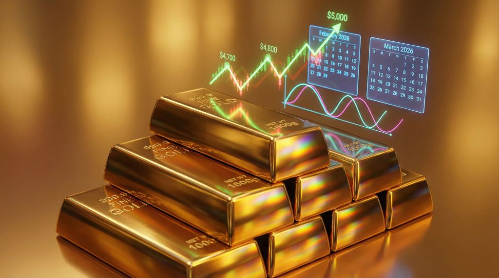 Gold rally peak prediction with futuristic charts.
