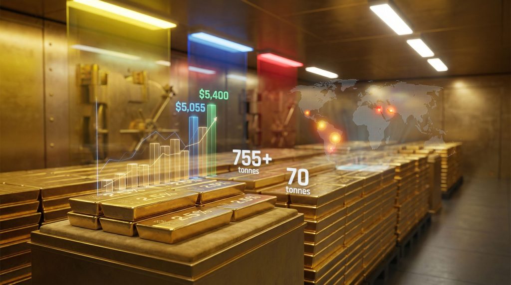 Gold bars with charts indicating geopolitical impact.