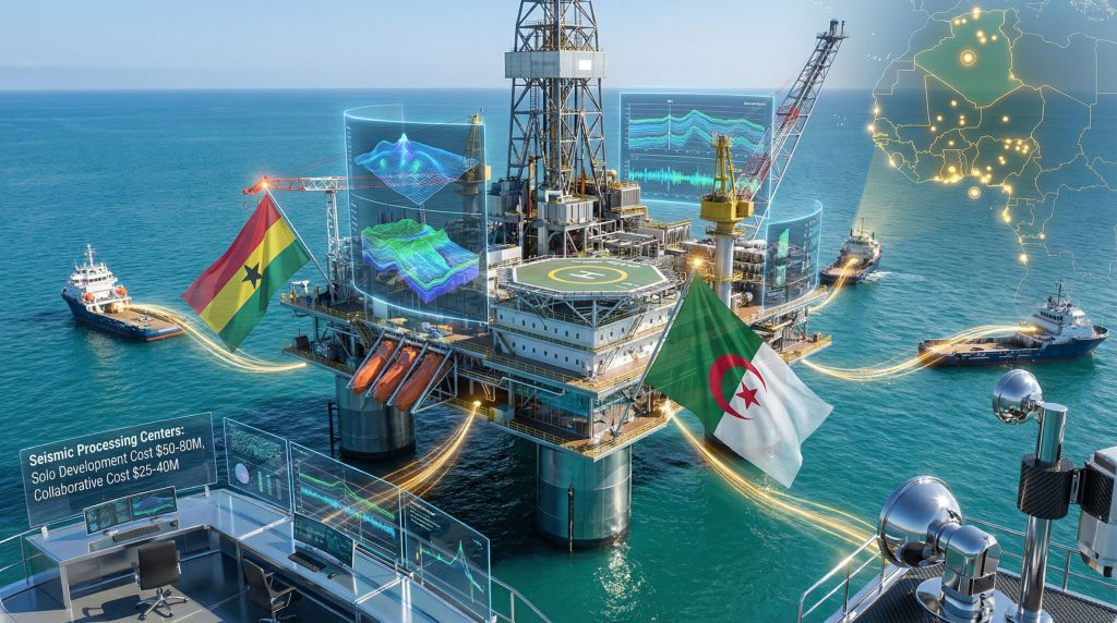 Oil platform with digital collaboration overlays.