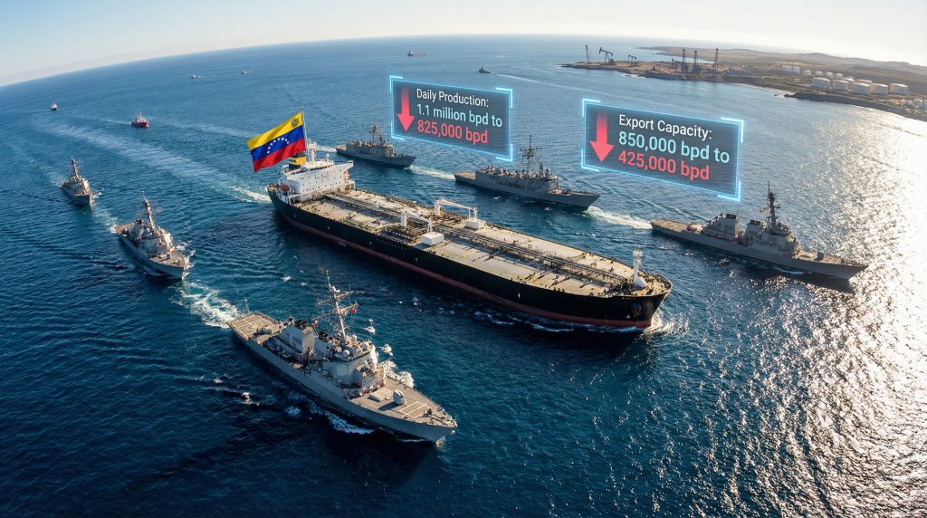 Venezuelan oil tanker encircled by U.S. warships.