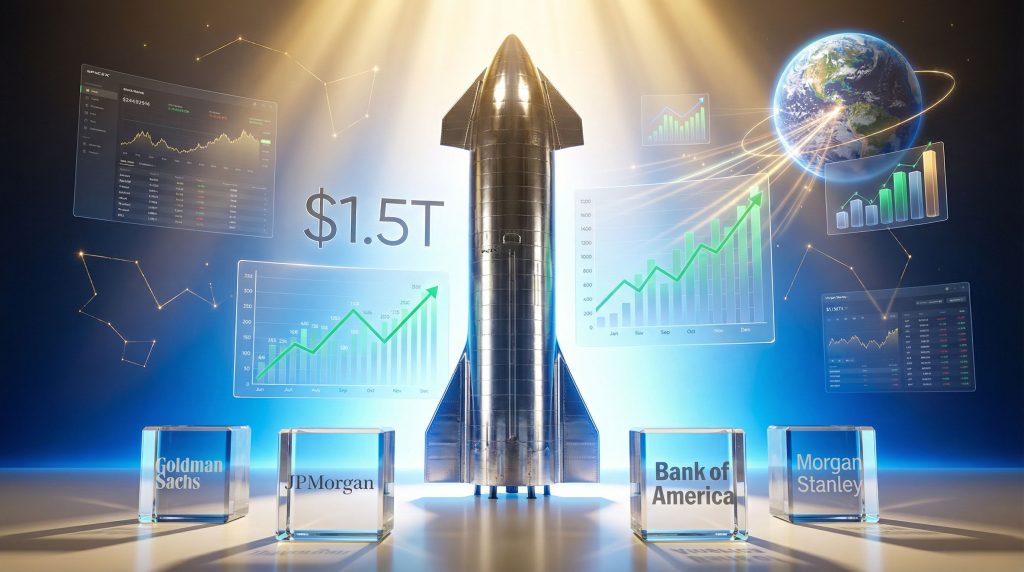 SpaceX IPO concept with financial growth charts.