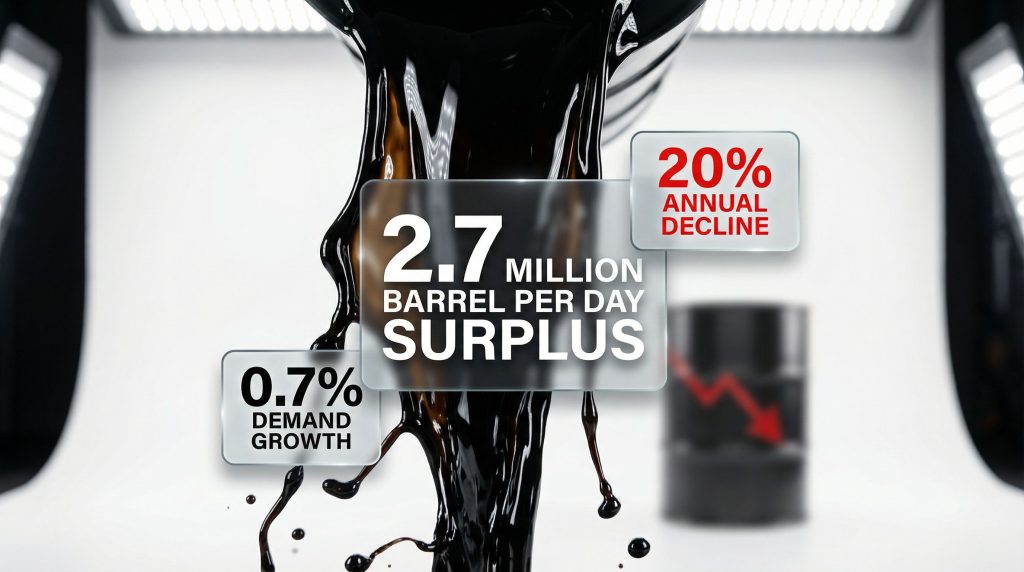 Oil surplus leads to falling prices.