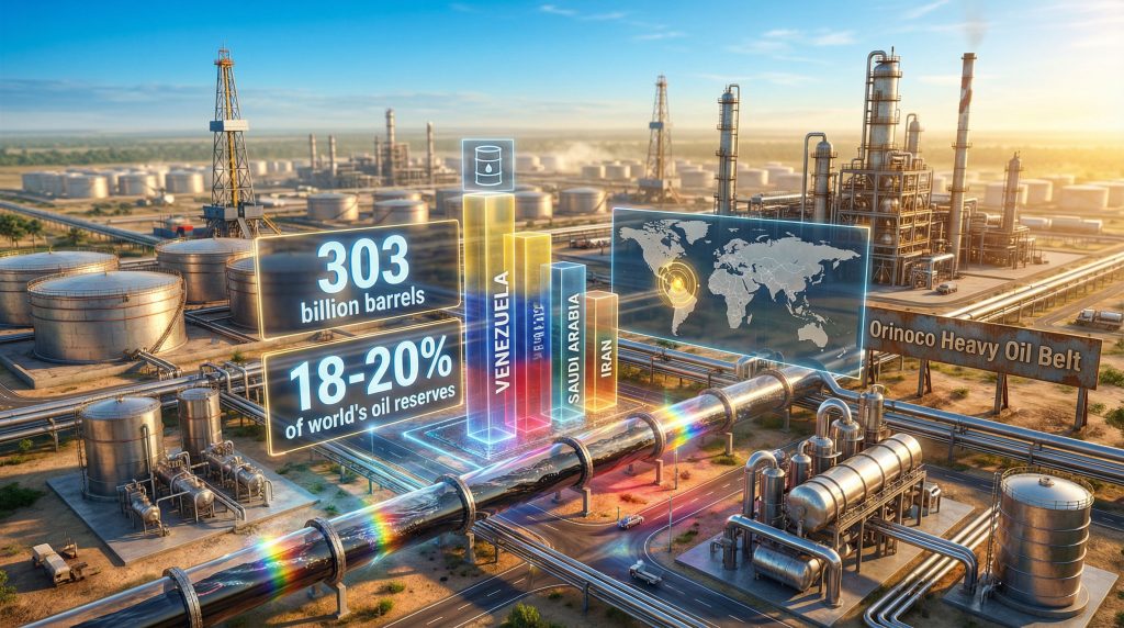 Venezuela's oil reserves infographic with refinery.