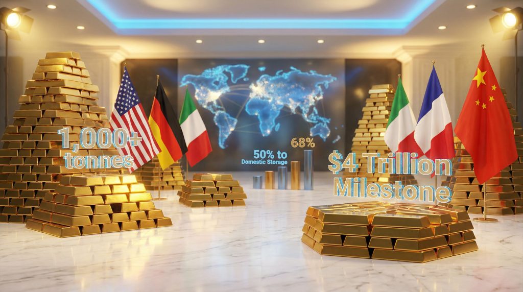 Gold bars signify central bank gold reserves.