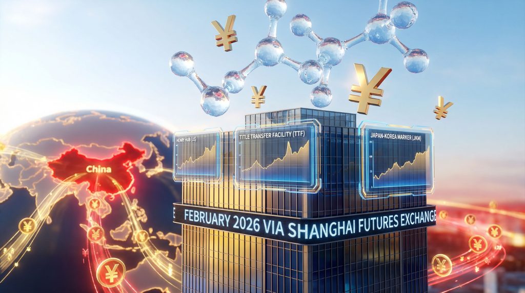 China Moves to Price LNG in Yuan, futuristic financial imagery.