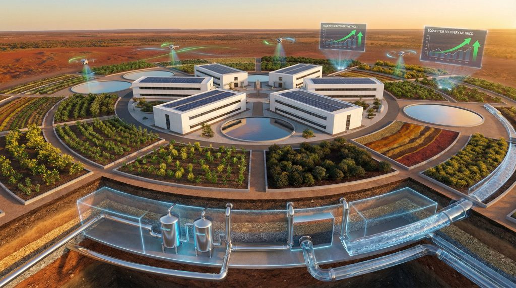 Sustainable mining research facility with gardens.