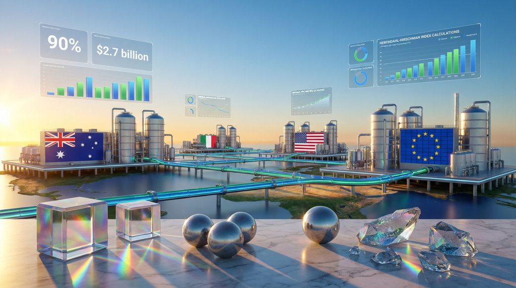 Factories and graphs symbolize rare earth supply chain resilience.