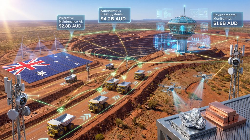 Australia's mining sector AI-driven sustainable transformation: futuristic mine.