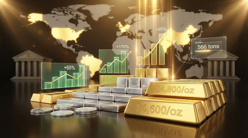 Gold and silver bars with rising charts.