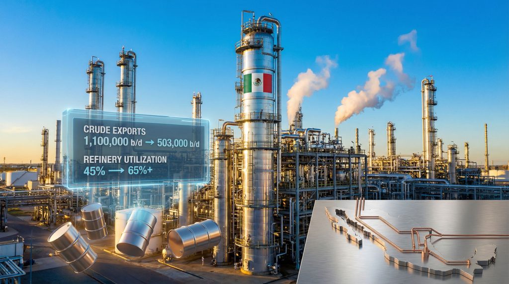 Pemex to cut crude exports by 2026.