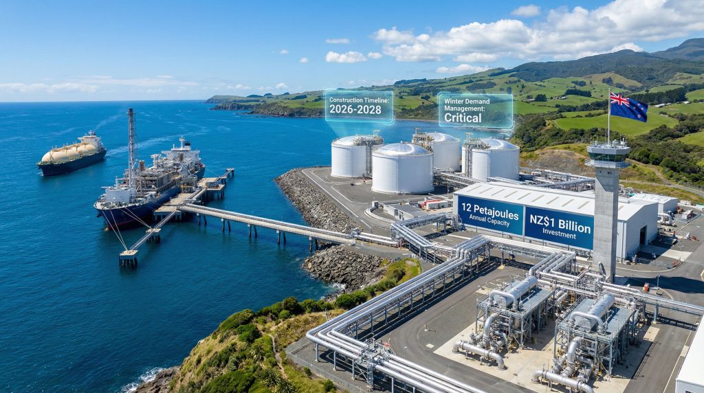 New Zealand LNG import terminal construction overview.
