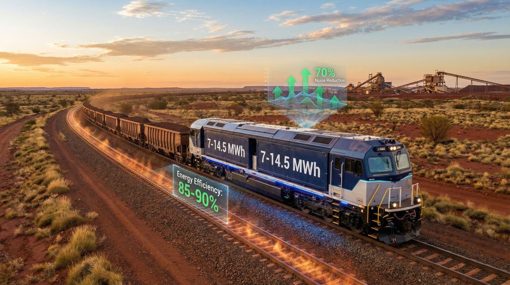 Battery-electric locomotive operating in Pilbara.
